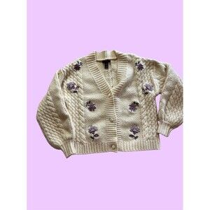 Ivory Floral Embroidered Oversized Chunky Cardigan Sweater Cottage Girlhood  M